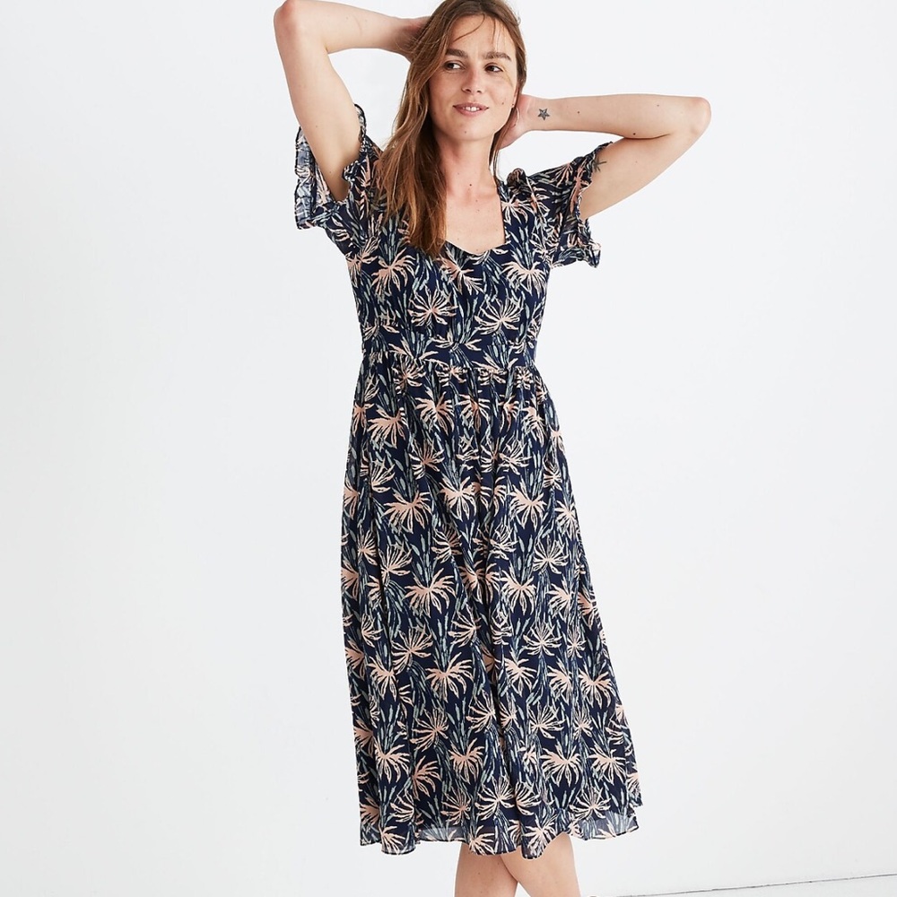 Madewell Ruffle-Sleeve Midi Dress in Oasis Palms